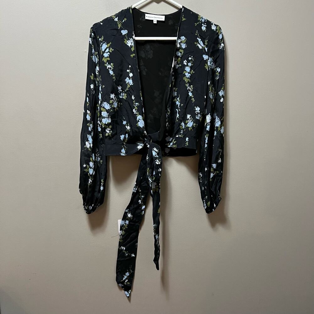Karina Grimaldi XS Silk Blend Sheer Floral Tie Front Blouse Dark Romantic Y2K